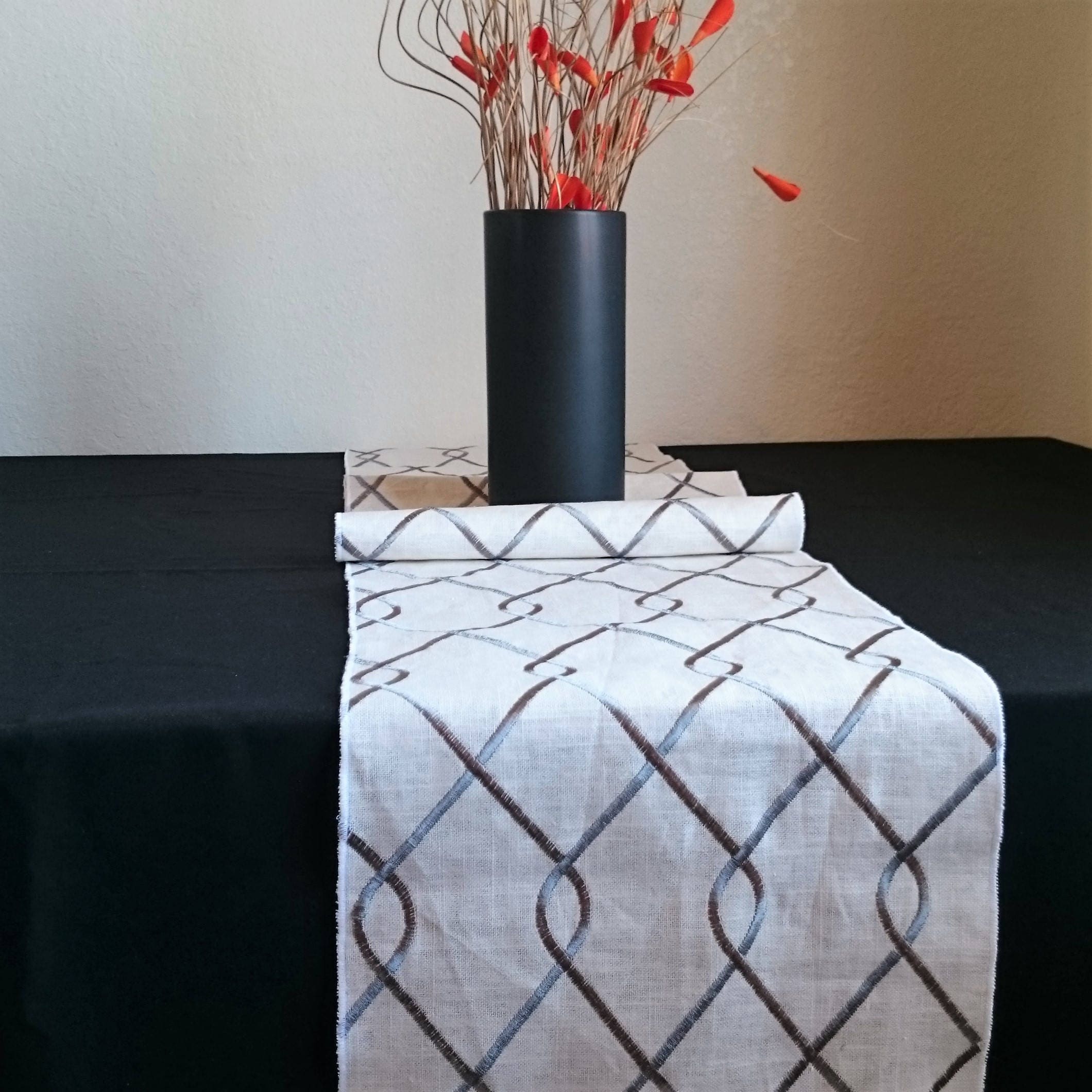 Kuwaha Embroidered Linen Table Runner, 12 x 108; Ivory, Steel Grey