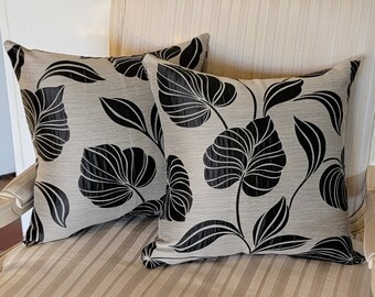 Kuwaha Home Jacquard Decorative Throw Pillow Cover,Leaf Pattern, 18" x 18", Grey and Black