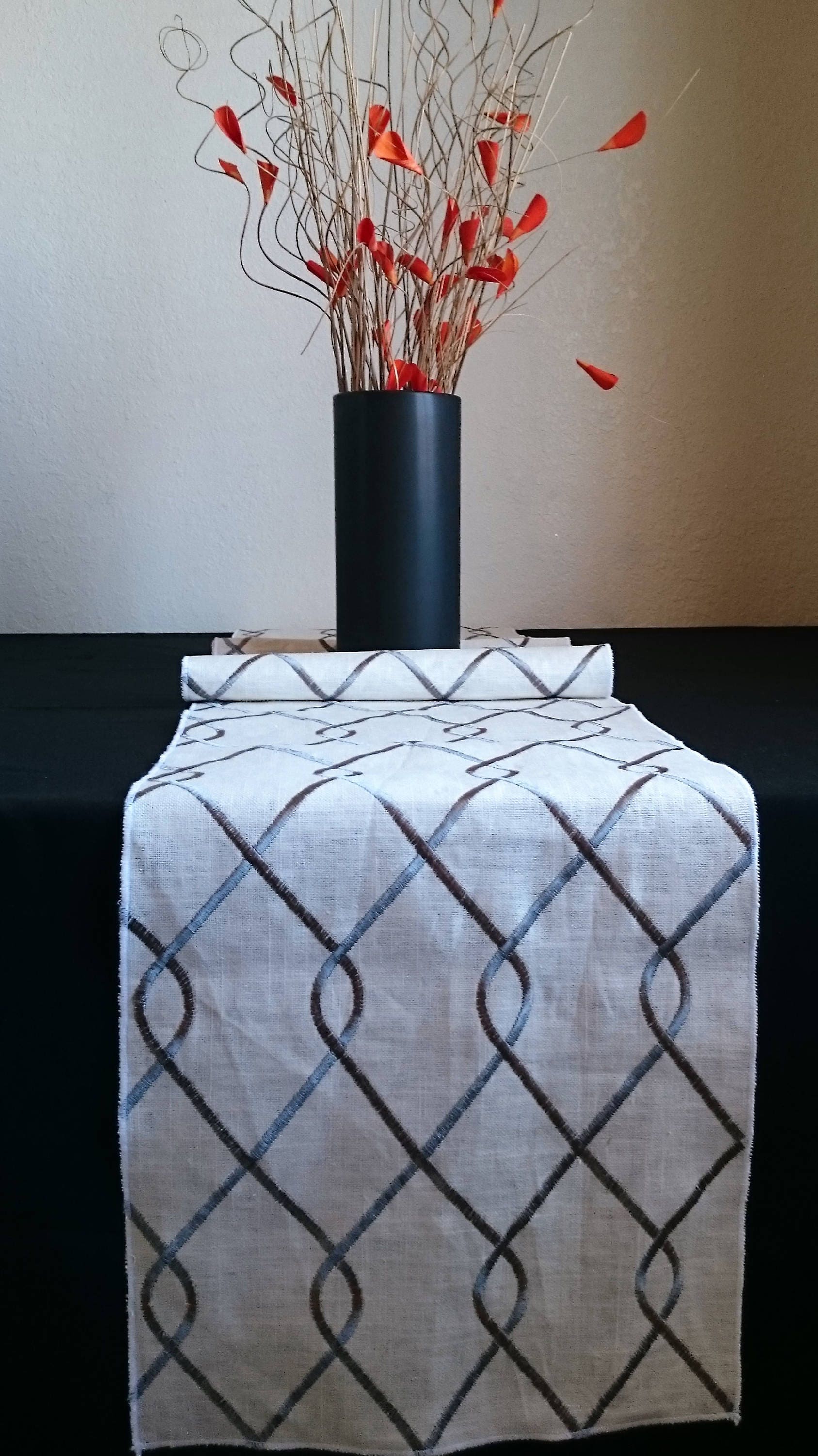 Kuwaha Embroidered Linen Table Runner, 12 x 108; Ivory, Steel Grey