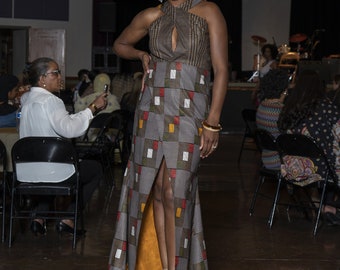 Kuwaha African Print Cross Front Gown Dress; Front Split, Kente, Brown