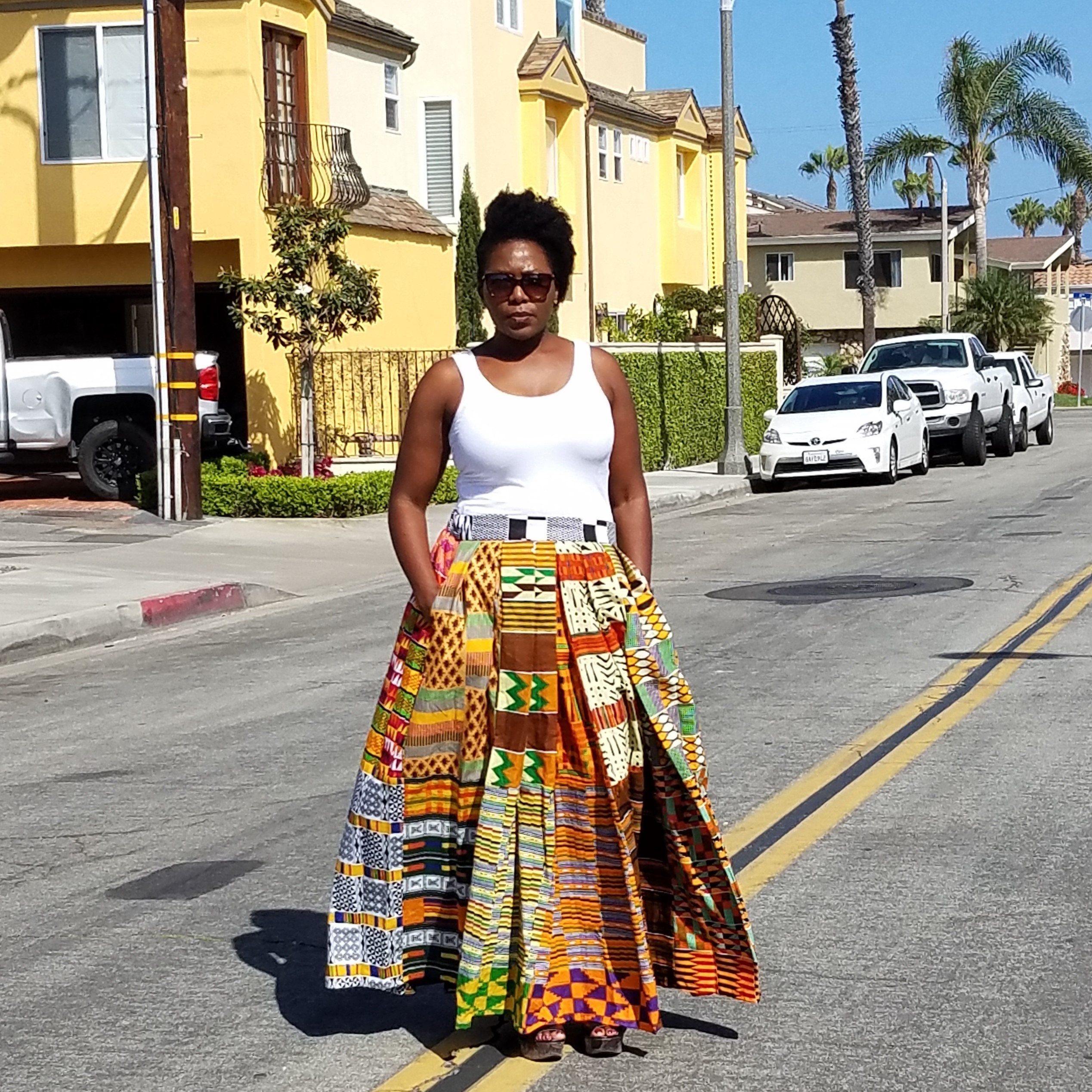 Kuwaha African Kente Multi Print Pleated Patchwork Maxi Skirt
