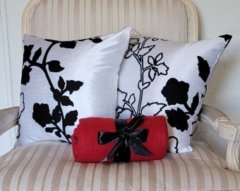 Kuwaha Decorative Throw Pillow Covers, Set of 2, Flocked Taffeta, White and Black