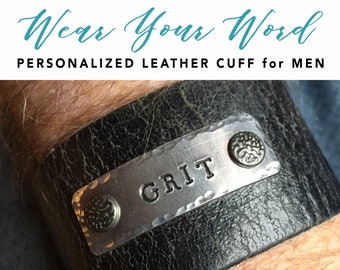 Personalized leather cuff bracelet FOR MEN - Gift for Men - custom stamped word bracelet - husband gift - Word of the Year