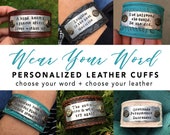 CUSTOM WORD Leather Cuff Bracelet - 3 lines of text - wide tooled leather bracelet - personalized bracelet - Inspirational gift