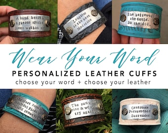 CUSTOM WORD Leather Cuff Bracelet  - 3 lines of text - wide tooled leather bracelet - personalized bracelet -  Inspirational gift