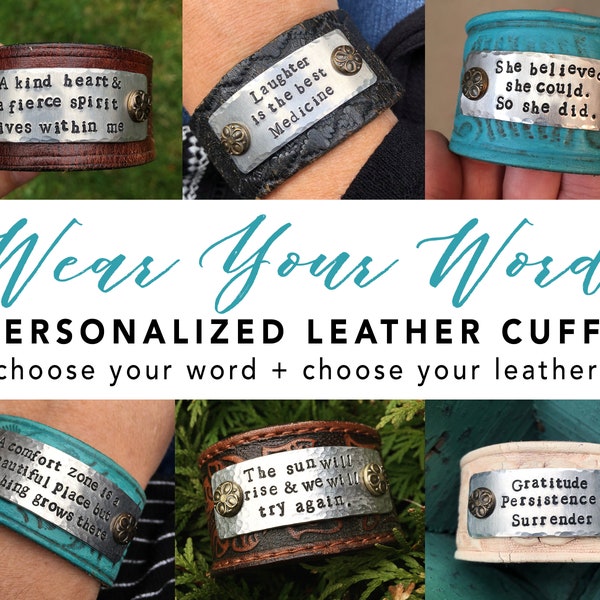 CUSTOM WORD Leather Cuff Bracelet  - 3 lines of text - wide tooled leather bracelet - personalized bracelet -  Inspirational gift
