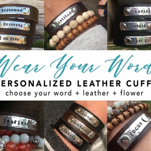 CUSTOM WORD leather cuff bracelet - simple leather bracelet - custom word bracelet - inspirational word- #onelittleword - word of the year