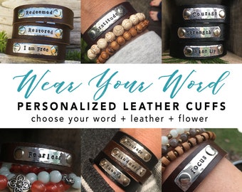 CUSTOM WORD leather cuff bracelet - simple leather bracelet - custom word bracelet - inspirational word- #onelittleword - word of the year