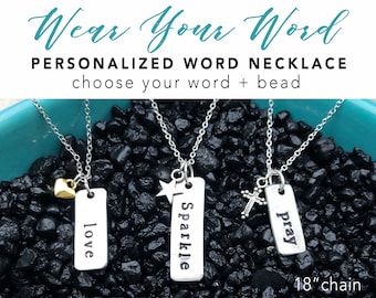 CUSTOM WORD necklace - You choose word + charm - 18" chain - inspirational jewelry - One little word