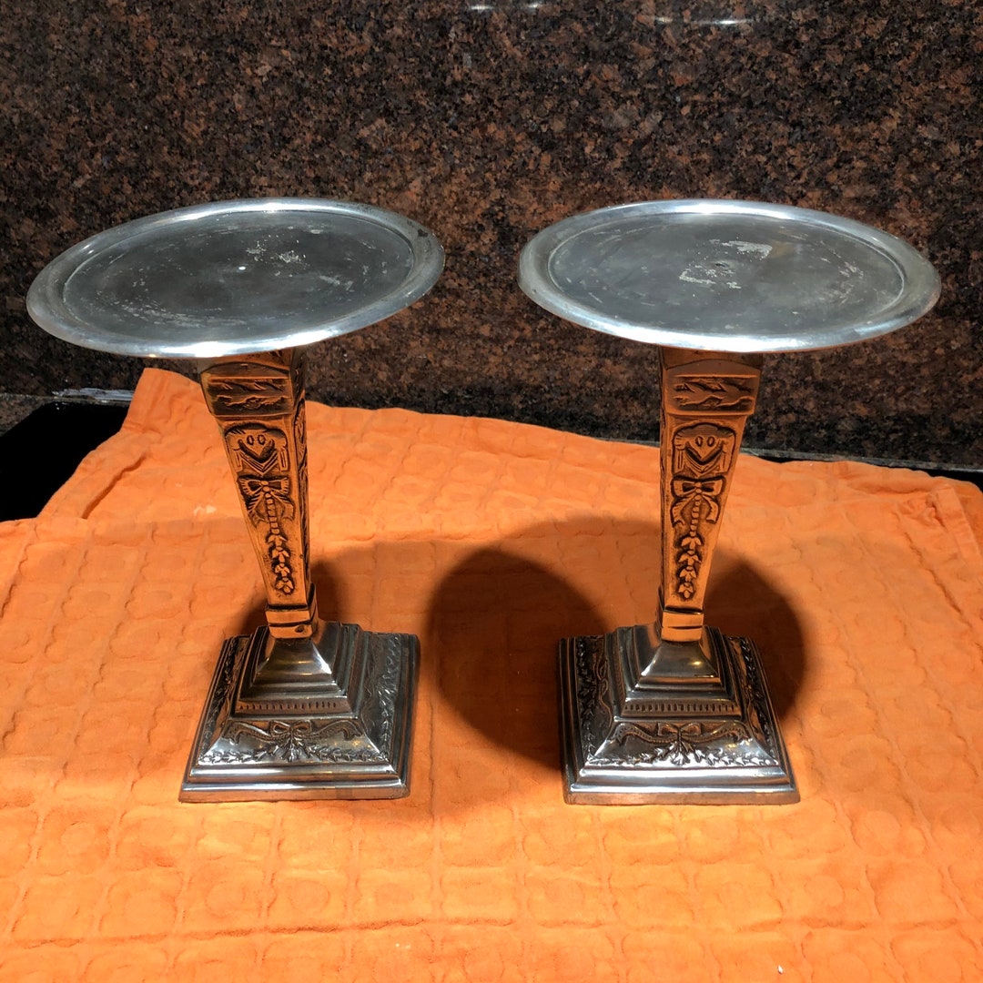 Set of Vintage Candlesticks. Wide Top Heavy Designed Silver Plate