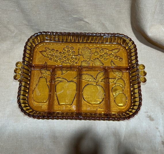 Vintage Amber Glass Serving Tray Indiana Glass Fruit Motif Etsy