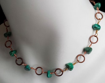Turquoise and Copper Choker necklace with a small brass leaf toggle closure, Unique Turquoise Choker, Chunky Turquoise And Copper Choker