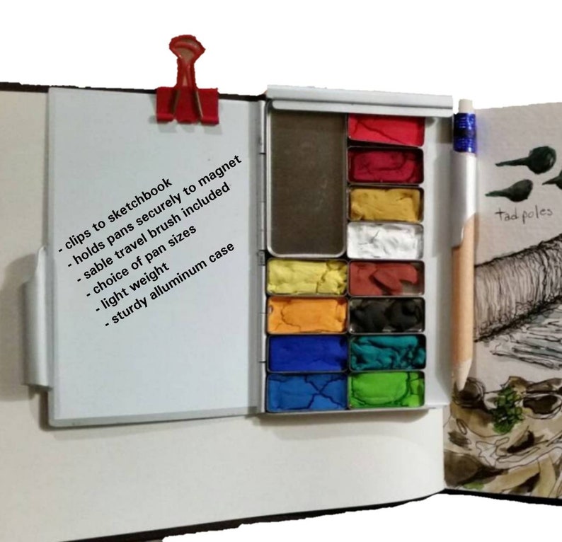 Watercolor flip palette with Sable travel brush and Etsy