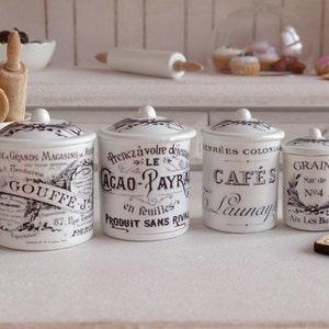 Dollhouse Miniature Vintage French Kitchen Metal Canisters in 1:12 scale