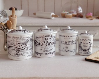 Dollhouse Miniature Vintage French Kitchen Metal Canisters in 1:12 scale