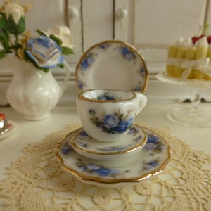 Blue Roses Dollhouse Miniature Teacup and Saucer