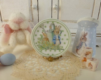 Peter Rabbit Watering Can Green Dots Dollhouse Plate in 1:12 Scale