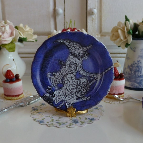 Blue Cobalt Halloween Witch Dollhouse Plate.