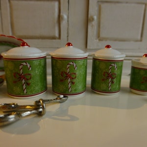 1:12 Scale Dollhouse Miniature Kitchen Green Candy Cane Christmas Canisters.