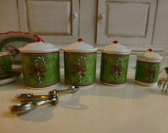 1:12 Scale Dollhouse Miniature Kitchen Green Candy Cane Christmas Canisters.