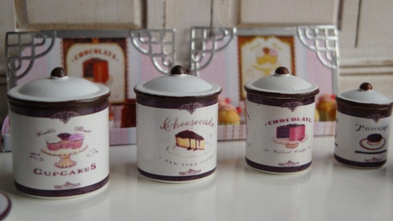 Dollhouse Miniature Metal Canister set with lids /& towels 10 pc set 1:12 scale