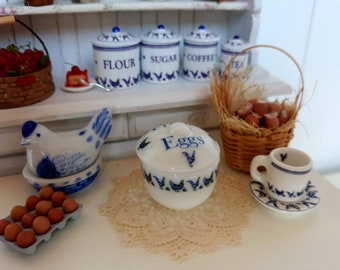 Blue Hens Farm Fresh Eggs Porcelain Dollhouse Miniature Bowl