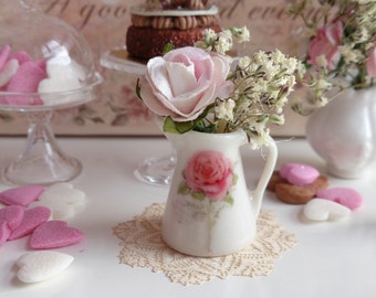 Shabby French Rose Jug for Dollhouse Miniatures in 1:12 Scale.