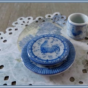 French Blue Gingham Rooster Dollhouse Miniature Plate 1:12 Scale