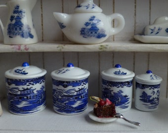 Dollhouse Miniature Kitchen Blue Willow Metal Canisters in 1:12 Scale.