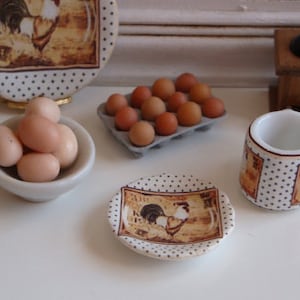 Dollhouse Miniature Country  White Dots Rooster Coffee Mug and Plate.