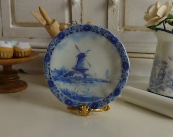 Blue Holland Windmill Dollhouse Miniature Plate. Blauer Holland Windmühle Puppenhaus Miniatur Teller