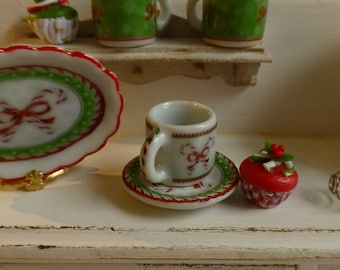 White Candy Cane Christmas Dollhouse Coffee Mug & Plate