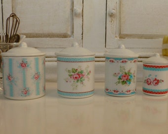 Dollhouse Miniature Cottage Flowers Metal Kitchen Canisters in 1:12 Scale