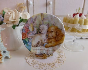 Plato miniatura de cachorro y gatito - Plato de cerámica hecho a mano para casa de muñecas
