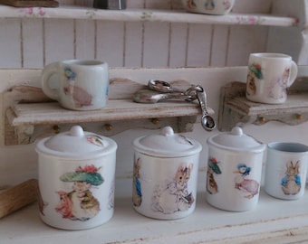 1:12 Scale Beatrix Potter Characters Metal Kitchen Canisters for Dollhouse Miniatures.