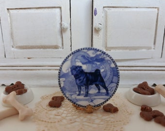 Blue Danish Black Pug Dollhouse Miniature Plate