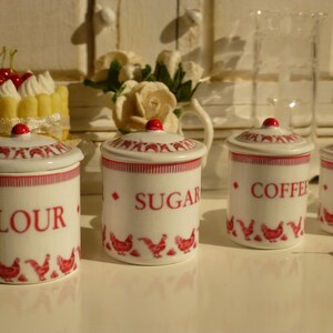 Miniature Red Hens Metal Kitchen Canisters for Dollhouse