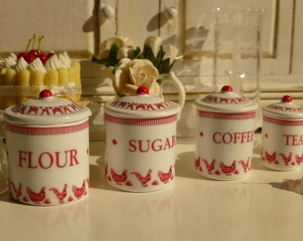 Miniature Red Hens Metal Kitchen Canisters for Dollhouse