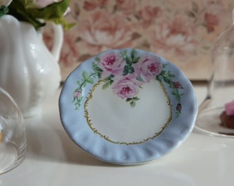 1:12 Scale Shabby Pink Roses Blue Plate for Dollhouse