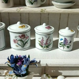 Dollhouse Miniature Kitchen Botanic  Metal Canisters in 1:12 Scale