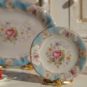 Puppenhaus Miniatur Rose Blau Teller.