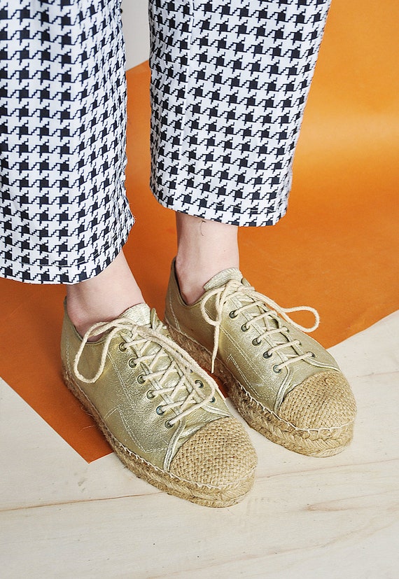 90s PLATFORM shoes ESPADRILLE shoes GOLDEN shoes … - image 4