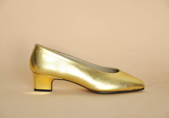 gold block heel pumps