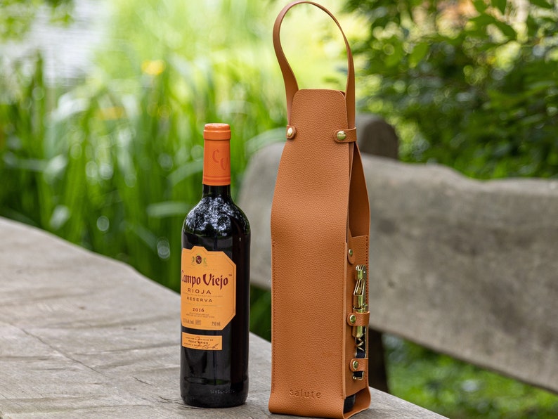 Salute Wine Bottle Carrier with Corkscrew Vegan Leather Tote Gift Bag Corporate Gift Picnic Travel Tastings Christmas Beach Party BYOB image 4