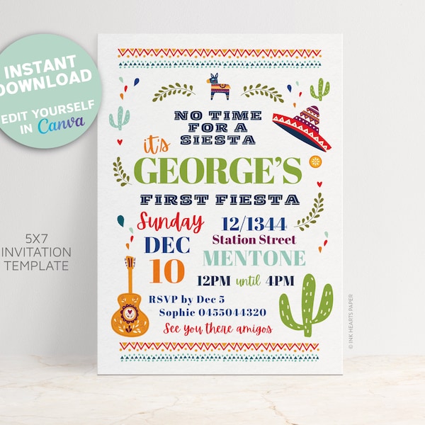 FIESTA MEXICAN PARTY | Editable Invitation, Instant Download, 1st Birthday, Mexico, Cactus, Pinata, No time for Siesta, First Fiesta