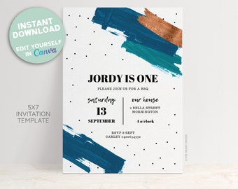 BLUE BRUSH Stroke Invitation | Editable Invitation, boy birthday Party, Stripes and Dots, First Birthday, Modern, Simple, Minimalist, Bronze