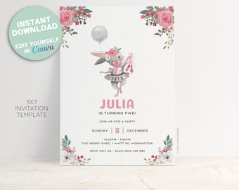 BALLERINA BUNNY INVITATION | Editable Invitation, girls birthday, floral bunny, ballerina, dancer, flower, first birthday, pink