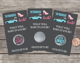 Gender Reveal Scratch offs, Wheels Or Heels, Baby Shower Scratch Off Game, 10 Ct Scratch Cards, Baby Shower Game, Lottery scratchers