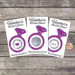 Cartes de jeu à gratter pour la douche nuptiale à paillettes violettes, bague en diamant scintillante, billets de jeu pour la douche, billets de loterie à gratter, jeu de douche nuptiale