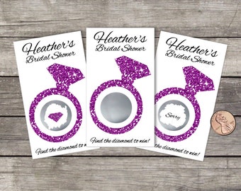 Bridal Shower Scratch Off Spielkarten, 10ct, Glitzer Diamant Ring, Shower Favor, Lotto kratzen ab, Braut Shower Spiel, gold silber, lila